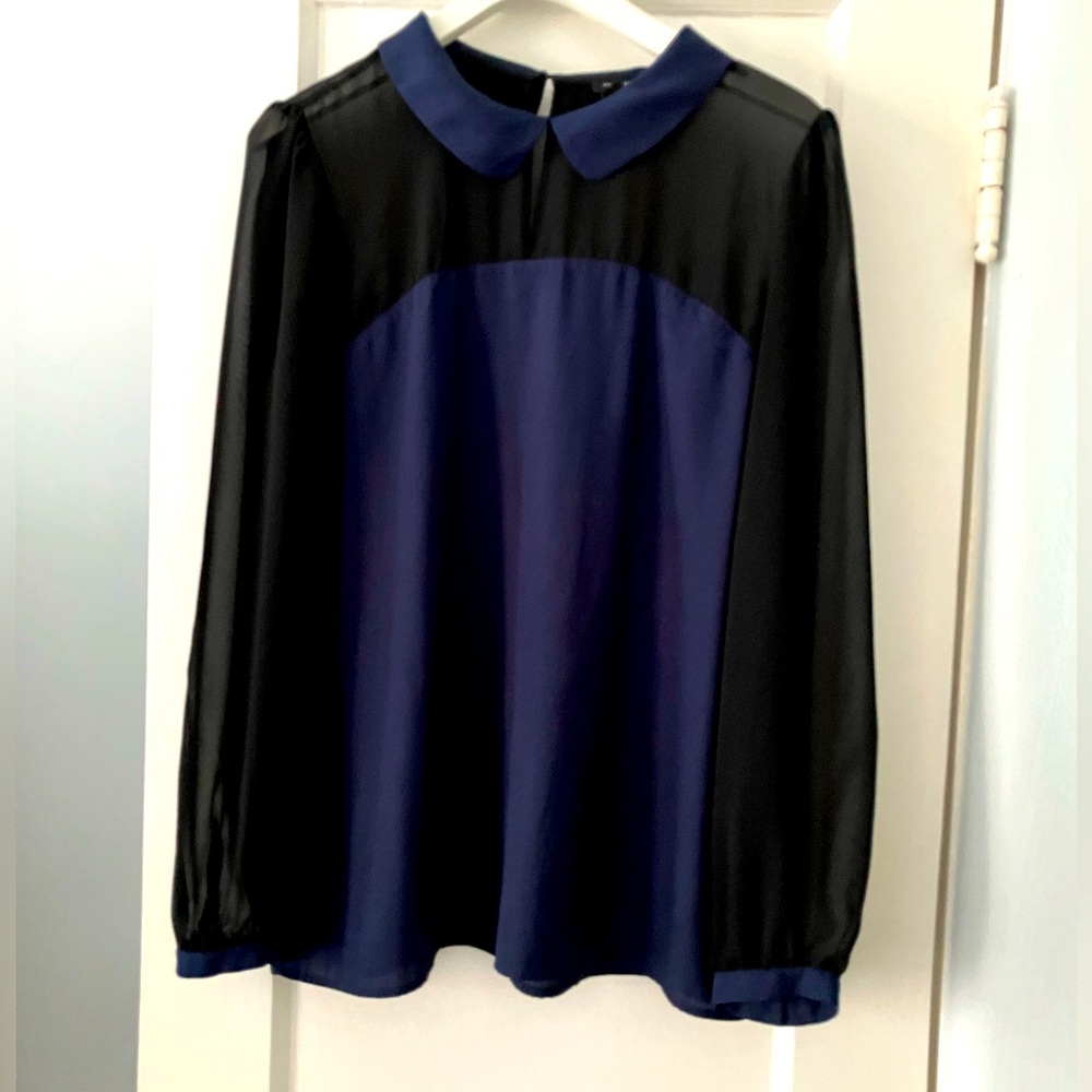 Ann Taylor Blouse Navy with Black Sheer Bodice and Sleeves